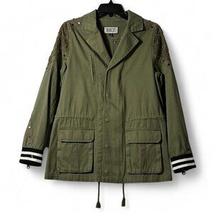 BKE Canvas Jacket Khaki Green Crochet Applique Sudded Snap Zip Front Long Sleeve